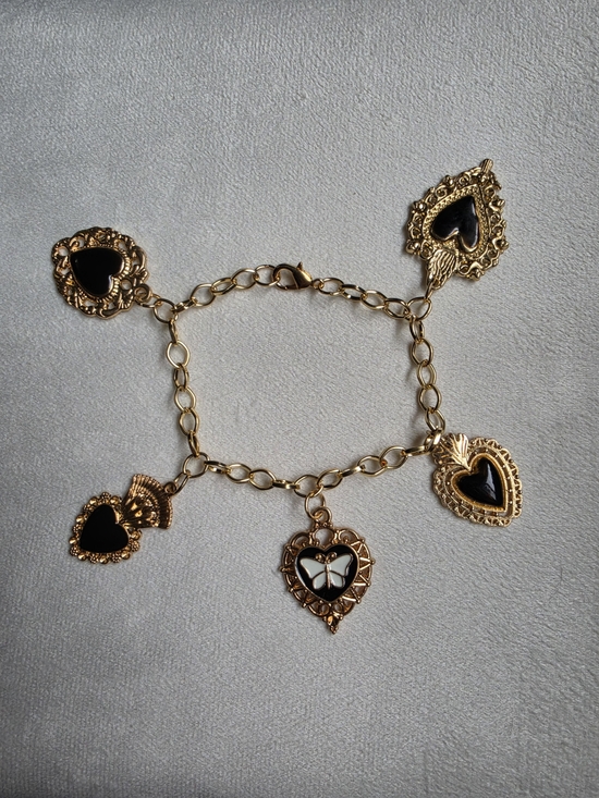 Handmade Jewelry - Gold-Tone Heart and Butterfly Charm Bracelet in Black